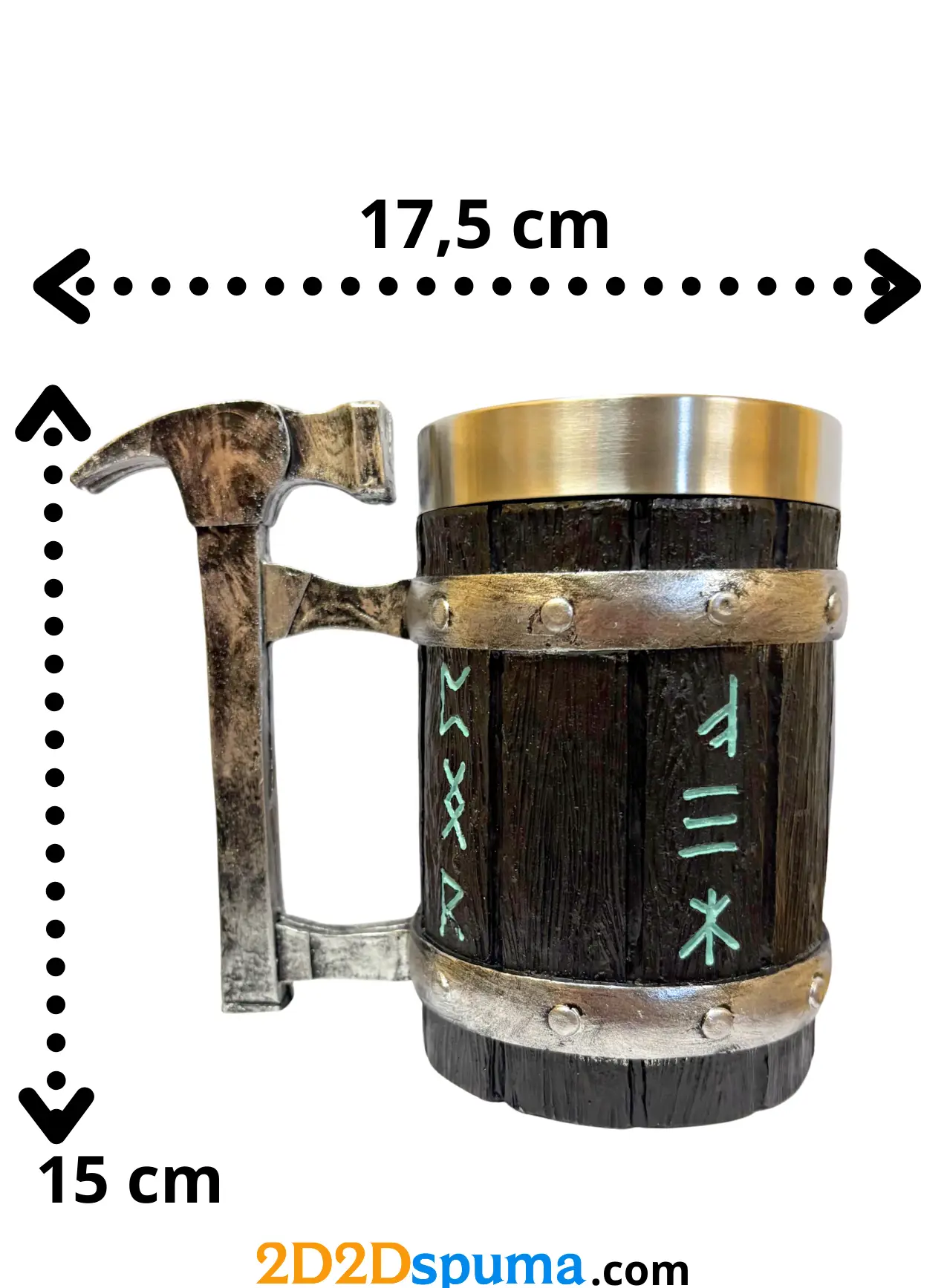 Jarra de cerveza con runas vikingas y asa de martillo