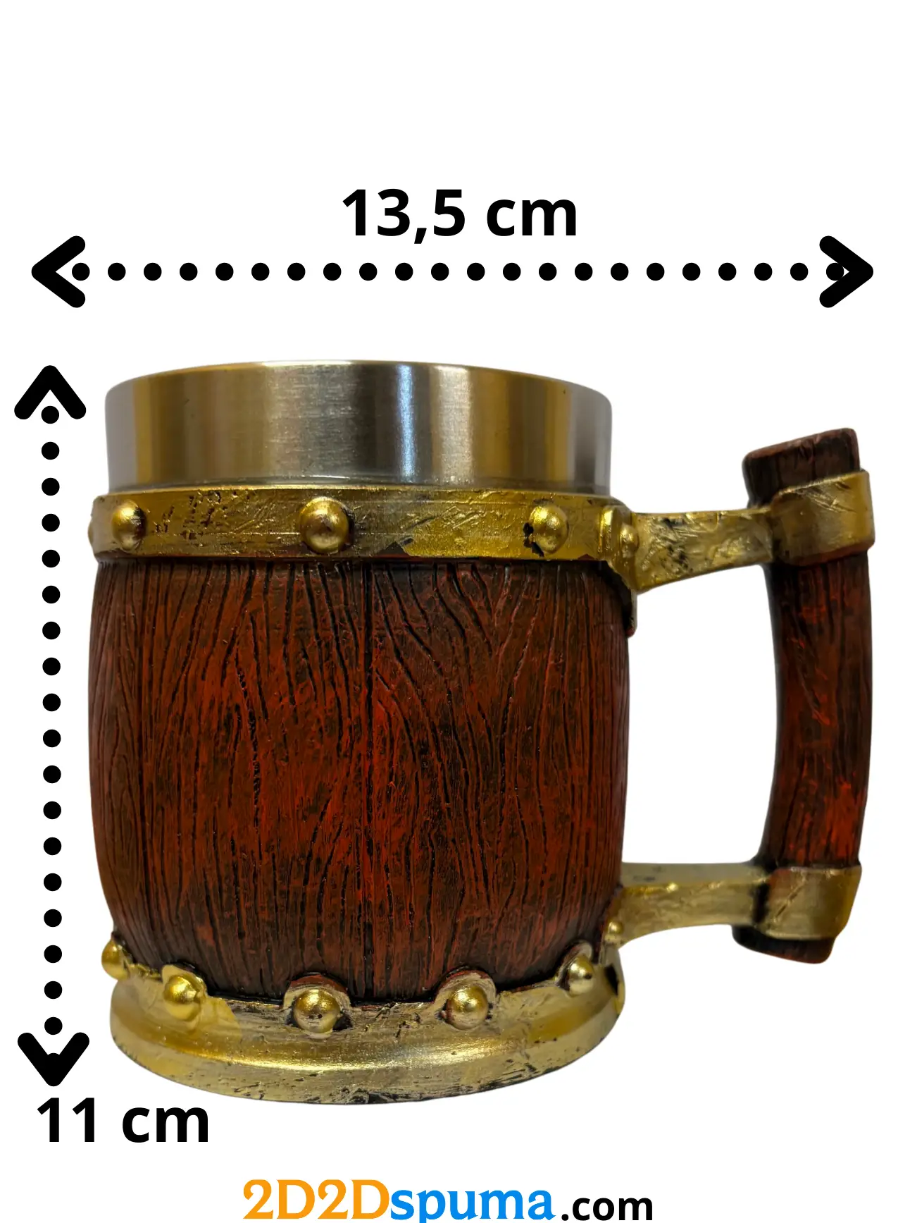 Jarra de cerveza de madera con detalles dorados